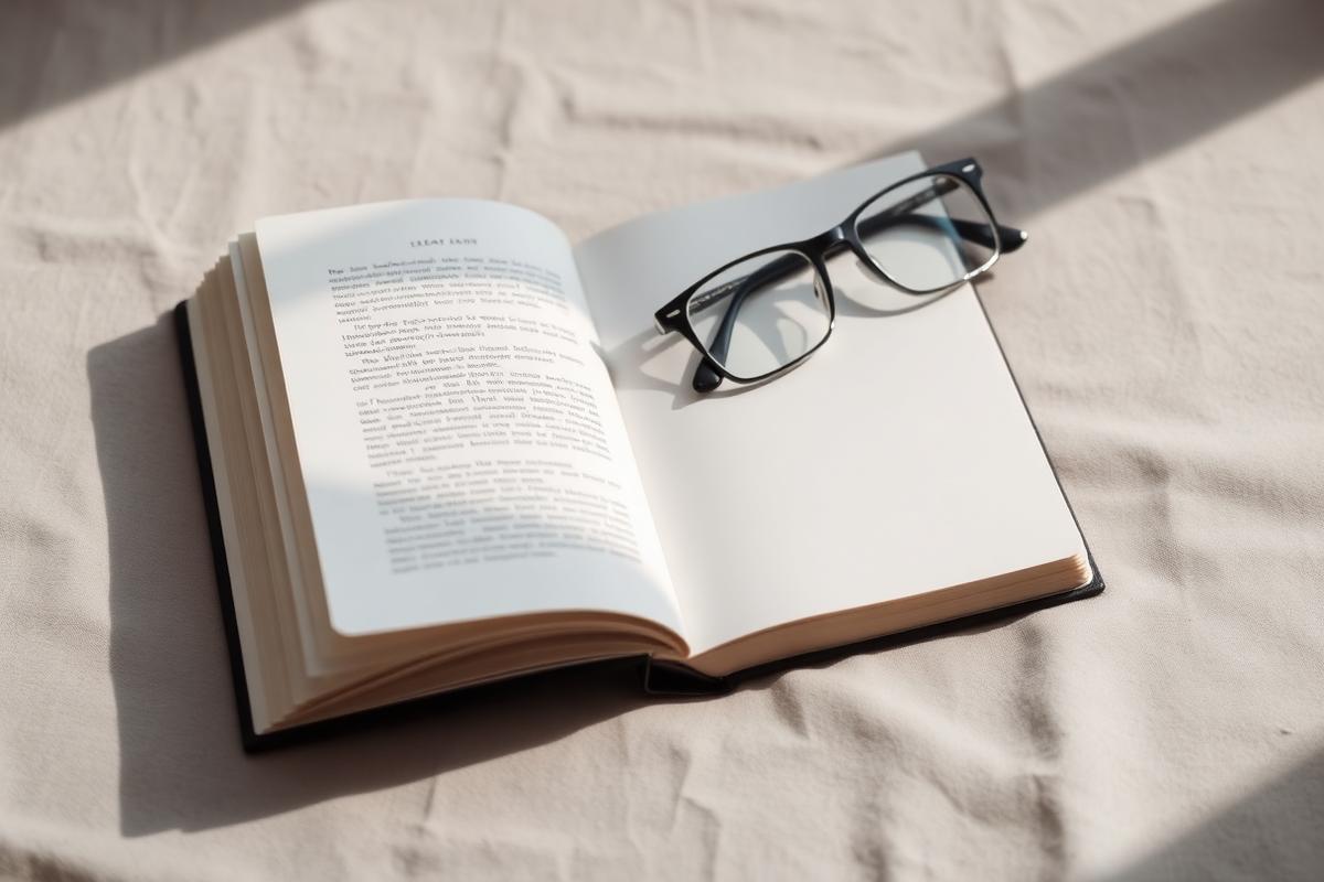 An open book and reading glasses resting on soft grey linen