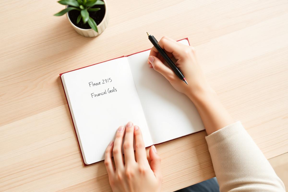 Hands writing financial goals in a notebook on a light desk