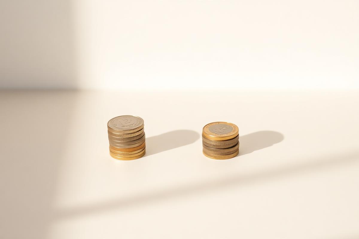 Two small stacks of coins on a soft off-white surface